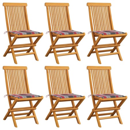 vidaXL Gartenstühle mit Kissen 6 Stk. Rot Karomuster Massivholz Teak