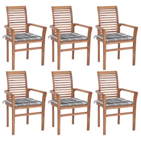 vidaXL Essstühle 6 Stk. Graue Karomuster-Kissen Massivholz Teak