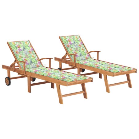 vidaXL Sonnenliegen 2 Stk. mit Auflagen Blattmuster Massivholz Teak