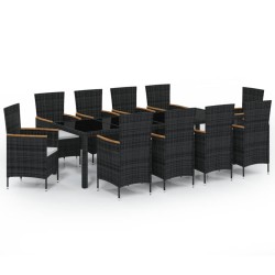 vidaXL 11-tlg. Garten-Essgruppe mit Auflagen Poly Rattan Schwarz