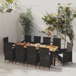 vidaXL 11-tlg. Garten-Essgruppe mit Auflagen Poly Rattan Schwarz