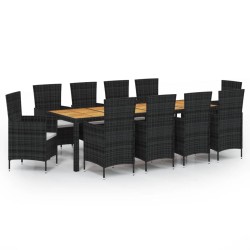 vidaXL 11-tlg. Garten-Essgruppe mit Auflagen Poly Rattan Schwarz