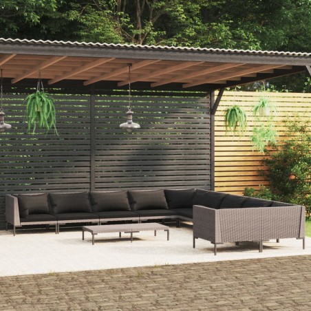 vidaXL 11-tlg. Garten-Lounge-Set mit Auflagen Poly Rattan Dunkelgrau