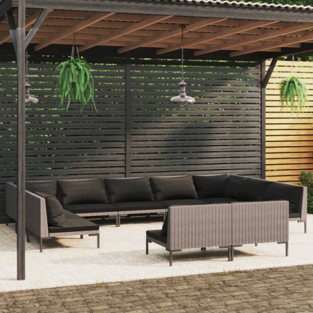 vidaXL 11-tlg. Garten-Lounge-Set mit Auflagen Poly Rattan Dunkelgrau