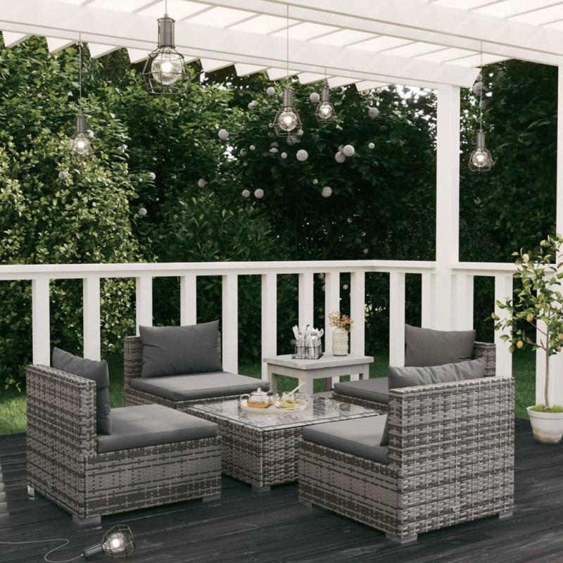 vidaXL 5-tlg. Garten-Lounge-Set mit Kissen Poly Rattan Grau vidaXL 5-tlg. Garten-Lounge-Set mit Kissen Poly Rattan Grau