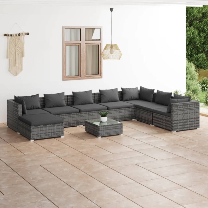 vidaXL 9-tlg. Garten-Lounge-Set mit Kissen Poly Rattan Grau vidaXL 9-tlg. Garten-Lounge-Set mit Kissen Poly Rattan Grau