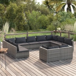 vidaXL 11-tlg. Garten-Lounge-Set mit Kissen Grau Poly Rattan