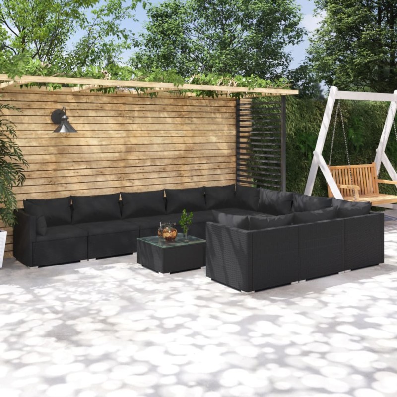 vidaXL 11-tlg. Garten-Lounge-Set mit Kissen Poly Rattan Schwarz vidaXL 11-tlg. Garten-Lounge-Set mit Kissen Poly Rattan Schwarz