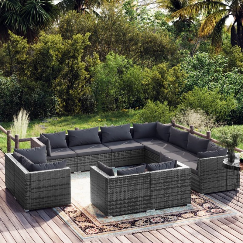 vidaXL 11-tlg. Garten-Lounge-Set mit Kissen Grau Poly Rattan vidaXL 11-tlg. Garten-Lounge-Set mit Kissen Grau Poly Rattan