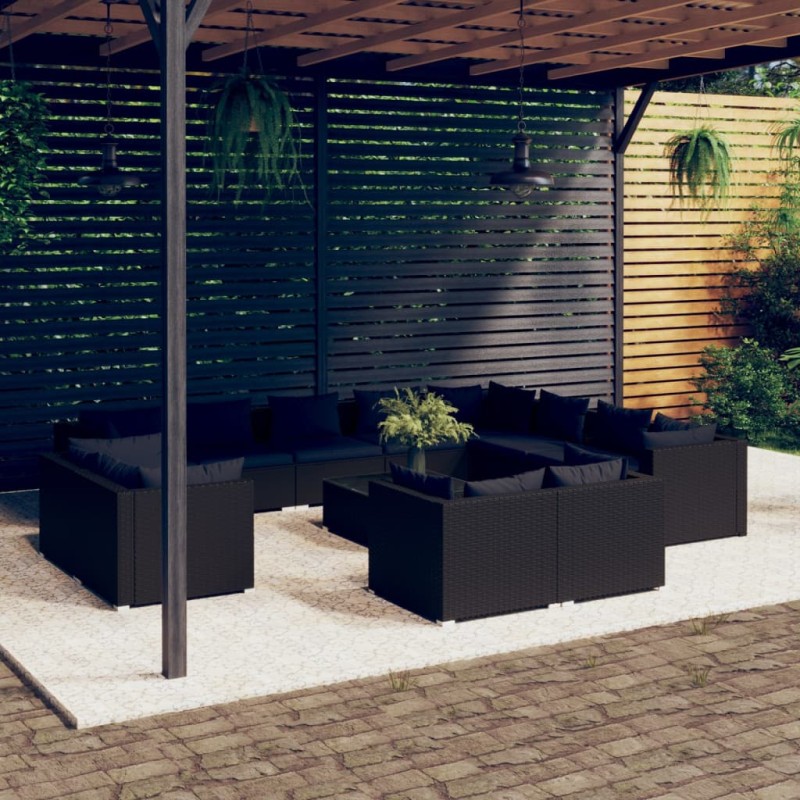 vidaXL 13-tlg. Garten-Lounge-Set mit Kissen Schwarz Poly Rattan vidaXL 13-tlg. Garten-Lounge-Set mit Kissen Schwarz Poly Rattan