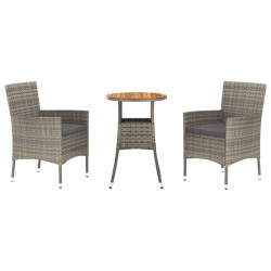 vidaXL 3-tlg. Garten-Bistro-Set mit Kissen Grau Poly Rattan