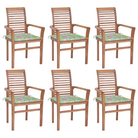 vidaXL Essstühle 6 Stk. mit Blattmuster Kissen Massivholz Teak