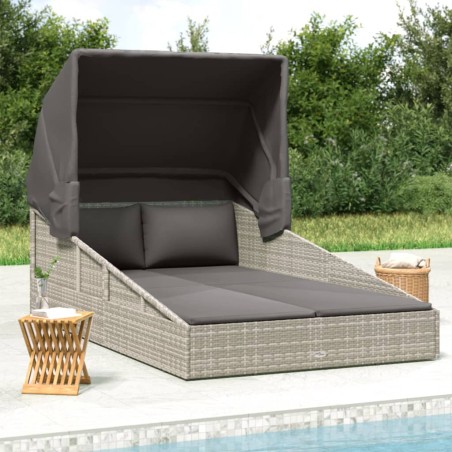vidaXL Sonnenliege mit Faltdach Grau 200x114x128 cm Poly Rattan