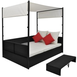 vidaXL Gartenbett mit Baldachin Schwarz 190×130 cm Poly Rattan