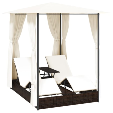 vidaXL Doppel-Sonnenliege mit Vorhang Poly Rattan Braun