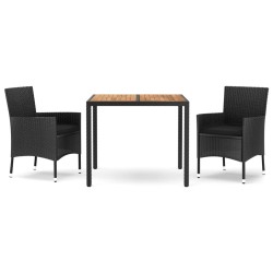 vidaXL 3-tlg. Garten-Essgruppe mit Kissen Schwarz Poly Rattan