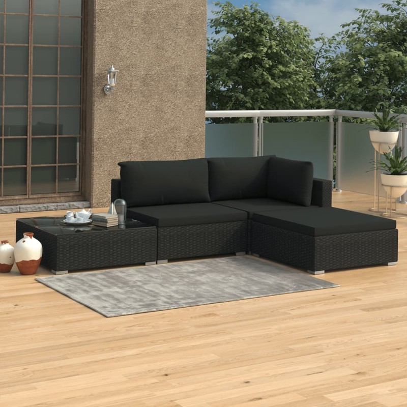 vidaXL 4-tlg. Garten-Lounge-Set mit Auflagen Poly Rattan Schwarz vidaXL 4-tlg. Garten-Lounge-Set mit Auflagen Poly Rattan Schwarz