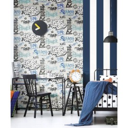 Noordwand Tapete Friends & Coffee Graffity Print Grau und Blau