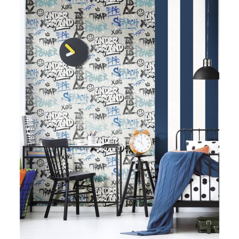 Noordwand Tapete Friends & Coffee Graffity Print Grau und Blau Noordwand Tapete Friends & Coffee Graffity Print Grau und Blau