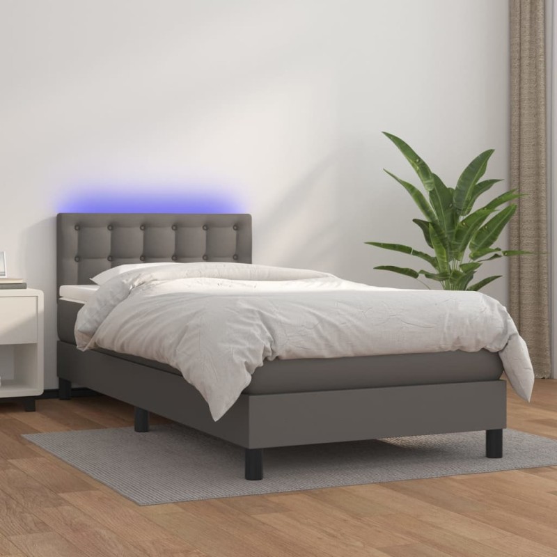 vidaXL Boxspringbett mit Matratze & LED Grau 90x190 cm Kunstleder vidaXL Boxspringbett mit Matratze & LED Grau 90x190 cm Kunstleder