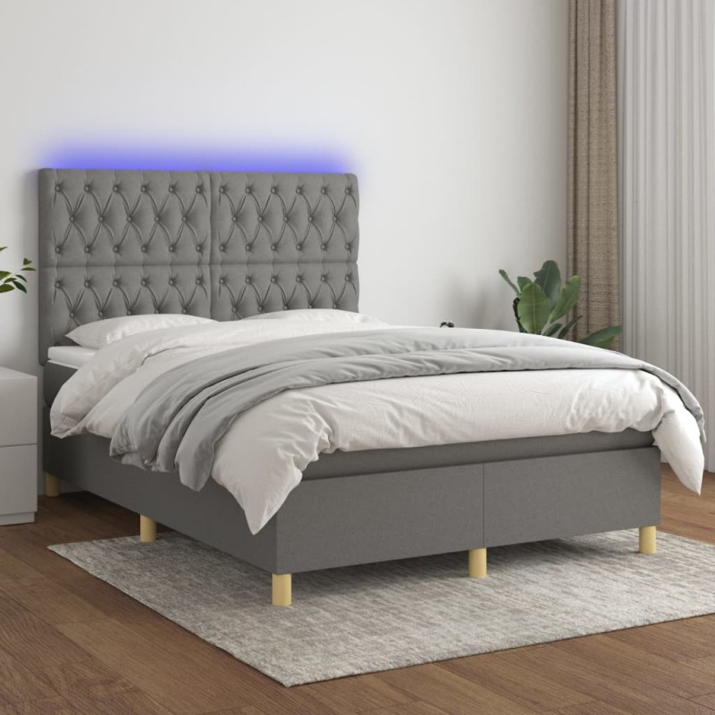 vidaXL Boxspringbett mit Matratze & LED Dunkelgrau 140x200 cm Stoff vidaXL Boxspringbett mit Matratze & LED Dunkelgrau 140x200 cm Stoff