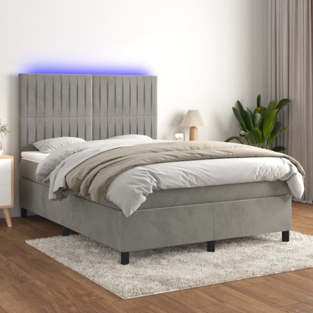 vidaXL Boxspringbett mit Matratze & LED Hellgrau 140x190 cm Samt