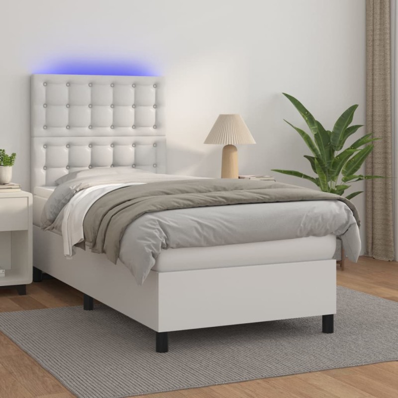 vidaXL Boxspringbett mit Matratze & LED Weiß 90x190 cm Kunstleder vidaXL Boxspringbett mit Matratze & LED Weiß 90x190 cm Kunstleder