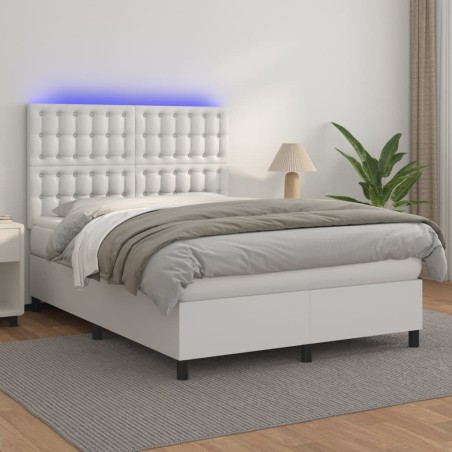 vidaXL Boxspringbett mit Matratze & LED Weiß 140x190 cm Kunstleder