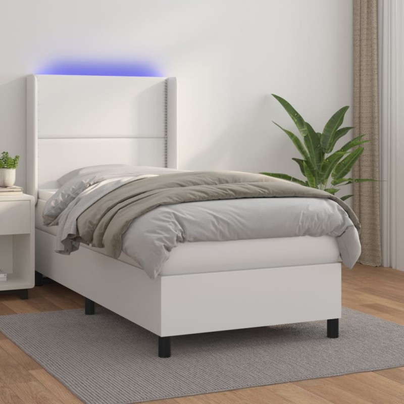 vidaXL Boxspringbett mit Matratze & LED Weiß 100x200 cm Kunstleder vidaXL Boxspringbett mit Matratze & LED Weiß 100x200 cm Kunstleder