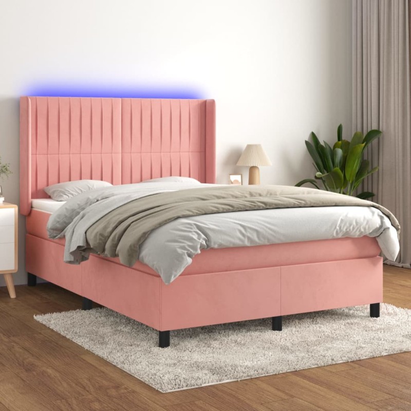 vidaXL Boxspringbett mit Matratze & LED Rosa 140x200 cm Samt vidaXL Boxspringbett mit Matratze & LED Rosa 140x200 cm Samt