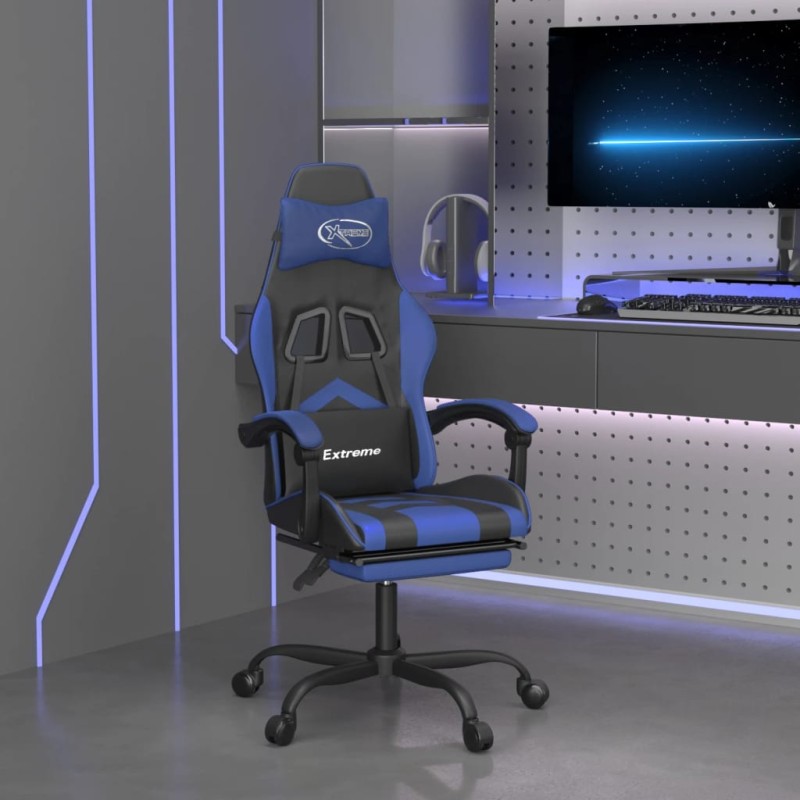 Gaming-Stuhl mit Fußstütze Drehbar Schwarz & Blau Kunstleder Gaming-Stuhl mit Fußstütze Drehbar Schwarz & Blau Kunstleder