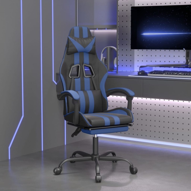 Gaming-Stuhl mit Fußstütze Drehbar Schwarz & Blau Kunstleder Gaming-Stuhl mit Fußstütze Drehbar Schwarz & Blau Kunstleder