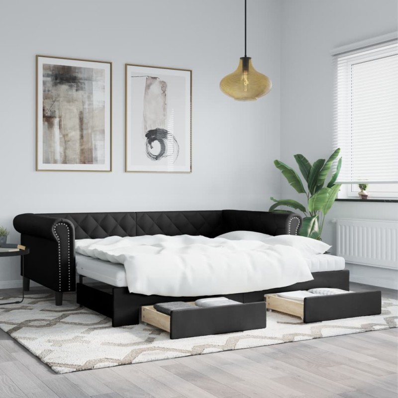 vidaXL Tagesbett Ausziehbar mit Schubladen Schwarz 90x200cm Kunstleder vidaXL Tagesbett Ausziehbar mit Schubladen Schwarz 90x200cm Kunstleder