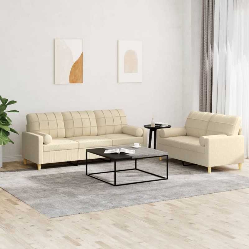 vidaXL 2-tlg. Sofagarnitur mit Kissen Creme Stoff vidaXL 2-tlg. Sofagarnitur mit Kissen Creme Stoff
