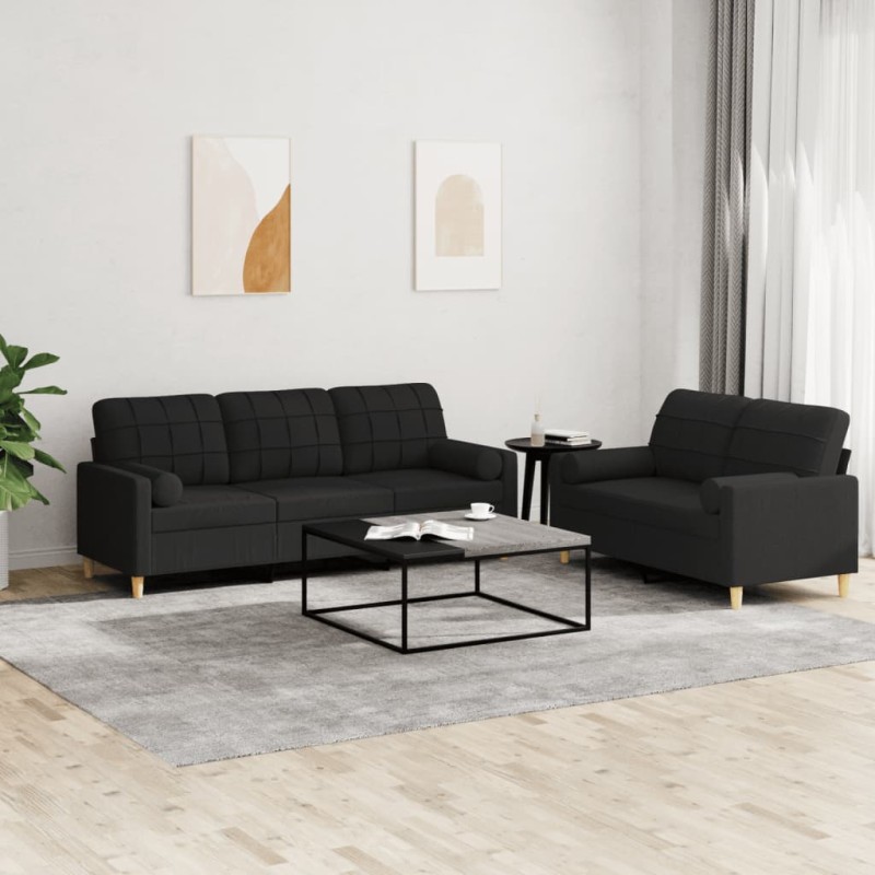 vidaXL 2-tlg. Sofagarnitur mit Kissen Schwarz Stoff vidaXL 2-tlg. Sofagarnitur mit Kissen Schwarz Stoff