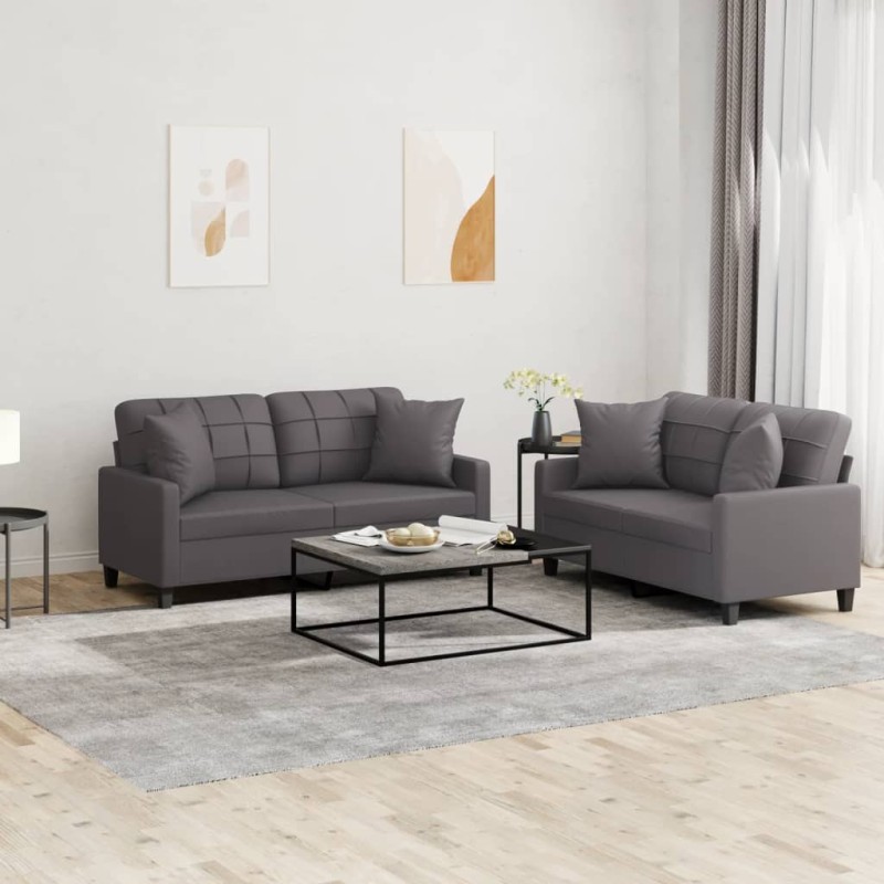 vidaXL 2-tlg. Sofagarnitur mit Kissen Grau Kunstleder vidaXL 2-tlg. Sofagarnitur mit Kissen Grau Kunstleder