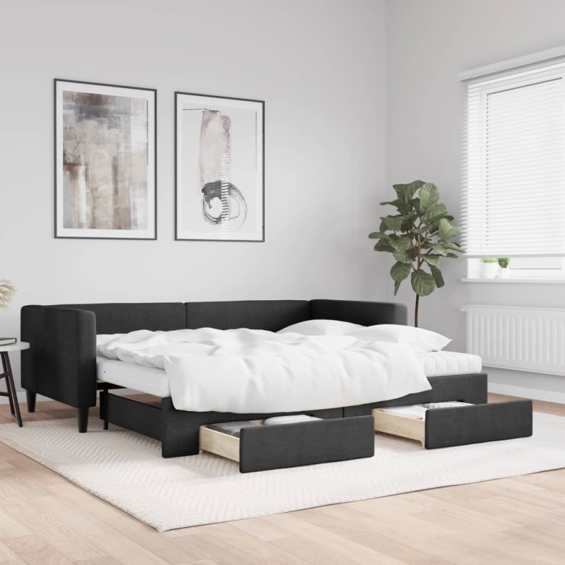 vidaXL Tagesbett Ausziehbar mit Schubladen Schwarz 90x200 cm Stoff vidaXL Tagesbett Ausziehbar mit Schubladen Schwarz 90x200 cm Stoff