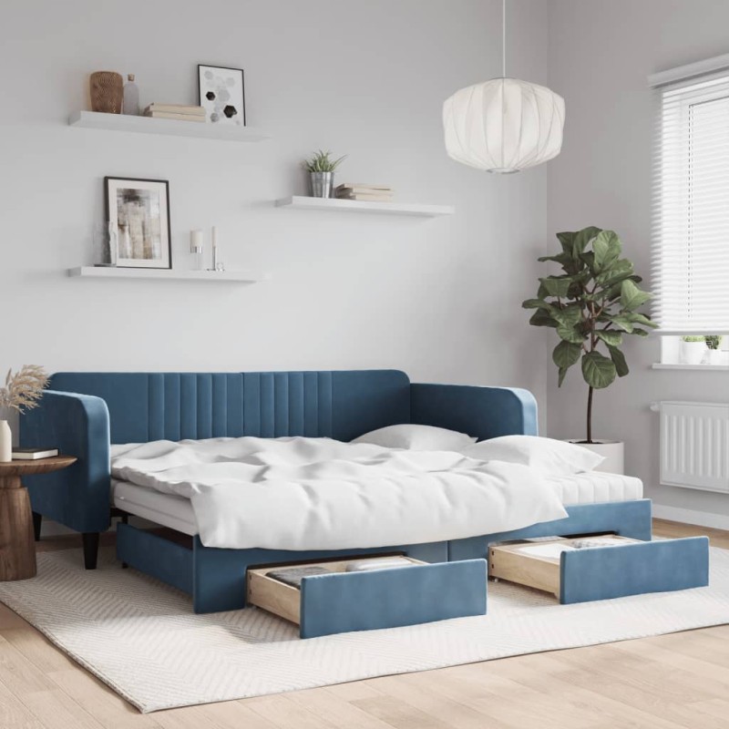 vidaXL Tagesbett Ausziehbar mit Schubladen Blau 100x200 cm Samt vidaXL Tagesbett Ausziehbar mit Schubladen Blau 100x200 cm Samt