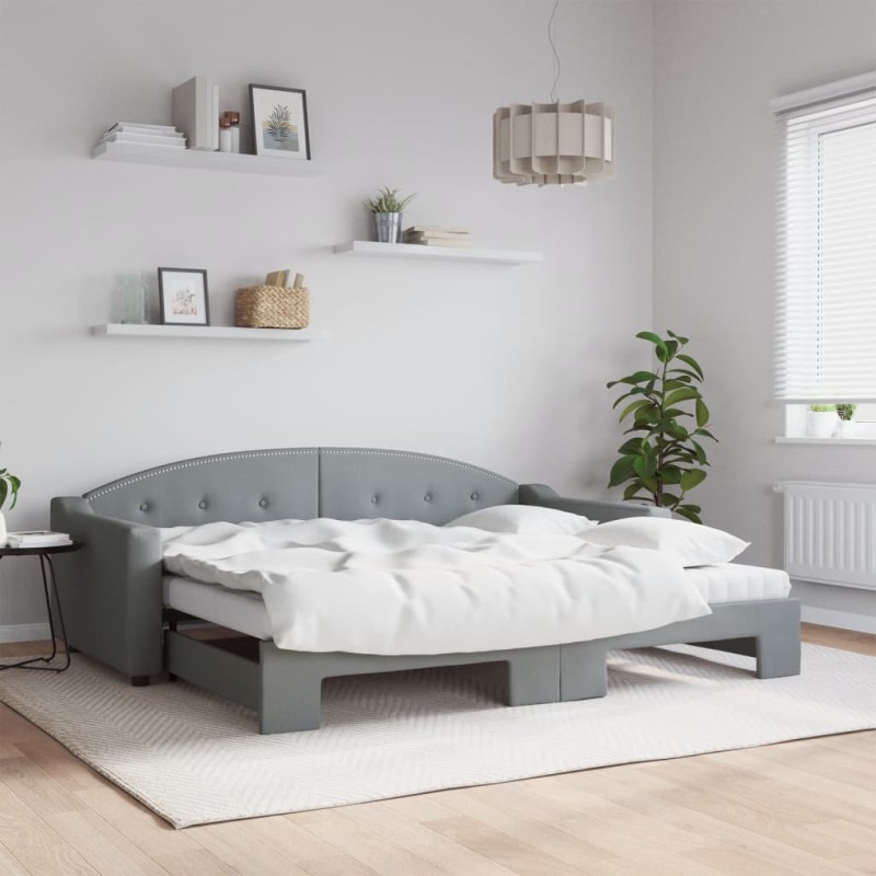 vidaXL Tagesbett Ausziehbar mit Matratze Hellgrau 90x200 cm Stoff vidaXL Tagesbett Ausziehbar mit Matratze Hellgrau 90x200 cm Stoff