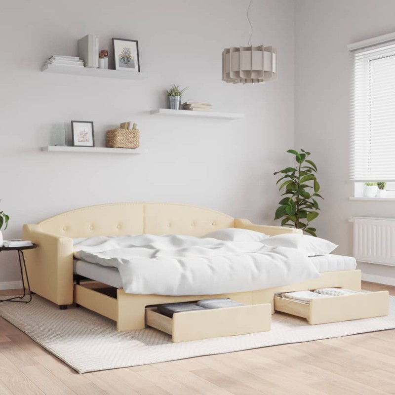 vidaXL Tagesbett Ausziehbar mit Schubladen Creme 90x200 cm Stoff vidaXL Tagesbett Ausziehbar mit Schubladen Creme 90x200 cm Stoff
