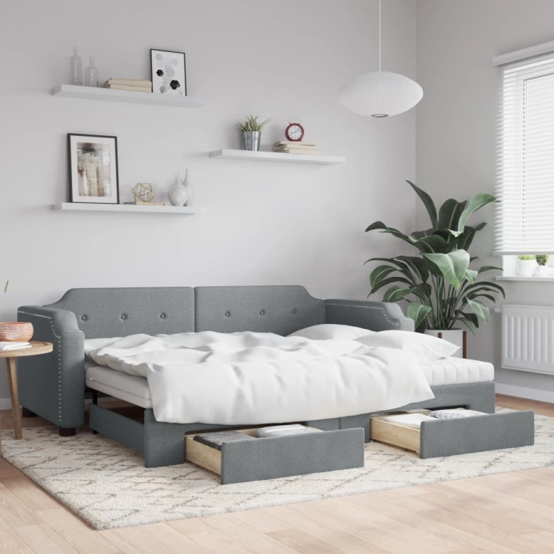 vidaXL Tagesbett Ausziehbar mit Schubladen Hellgrau 100x200 cm Stoff vidaXL Tagesbett Ausziehbar mit Schubladen Hellgrau 100x200 cm Stoff