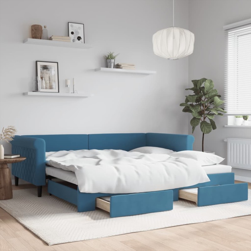 vidaXL Tagesbett Ausziehbar mit Schubladen Blau 100x200 cm Samt vidaXL Tagesbett Ausziehbar mit Schubladen Blau 100x200 cm Samt