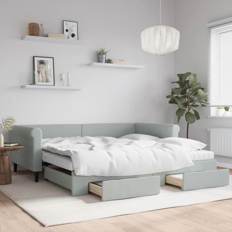 vidaXL Tagesbett Ausziehbar mit Schubladen Hellgrau 100x200 cm Samt vidaXL Tagesbett Ausziehbar mit Schubladen Hellgrau 100x200 cm Samt