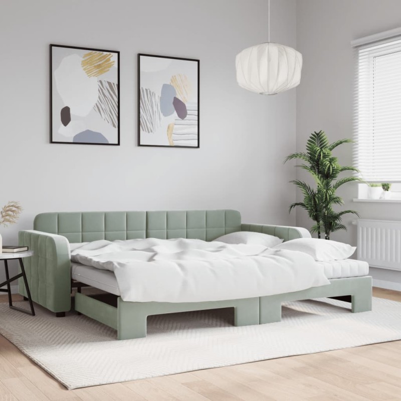 vidaXL Tagesbett Ausziehbar mit Matratzen Hellgrau 90x200 cm Samt vidaXL Tagesbett Ausziehbar mit Matratzen Hellgrau 90x200 cm Samt