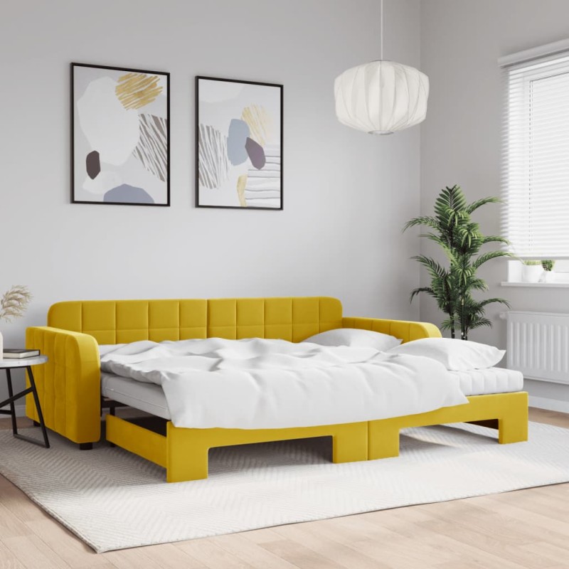 vidaXL Tagesbett Ausziehbar mit Matratzen Gelb 90x200 cm Samt vidaXL Tagesbett Ausziehbar mit Matratzen Gelb 90x200 cm Samt