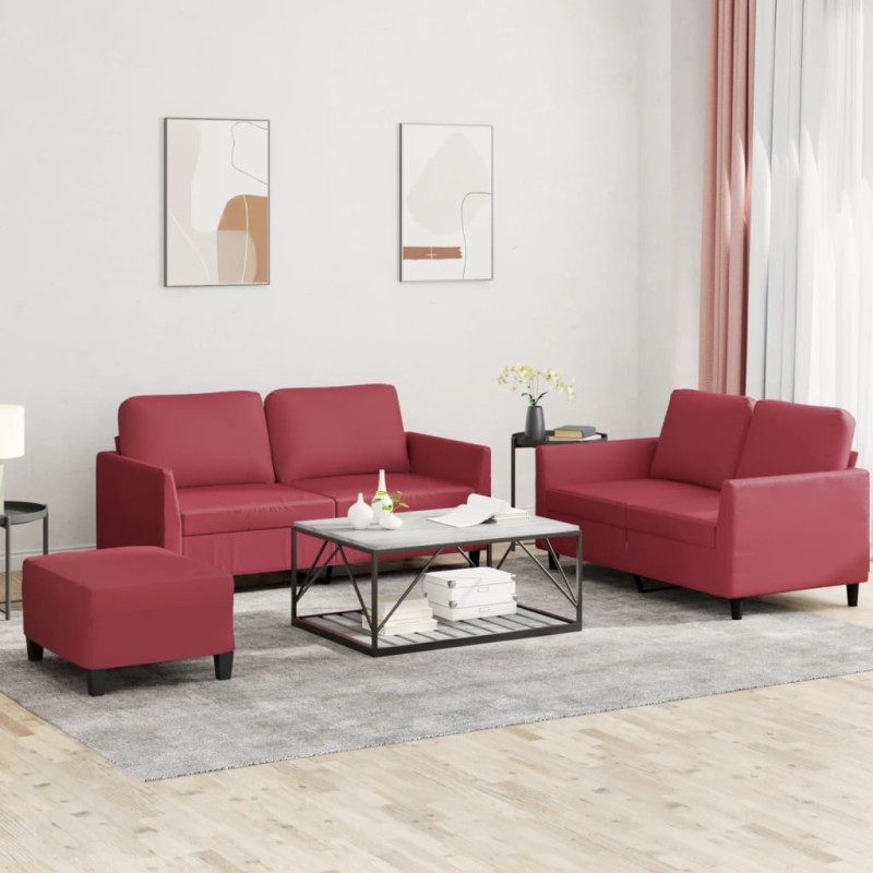 vidaXL 3-tlg. Sofagarnitur mit Kissen Weinrot Kunstleder vidaXL 3-tlg. Sofagarnitur mit Kissen Weinrot Kunstleder