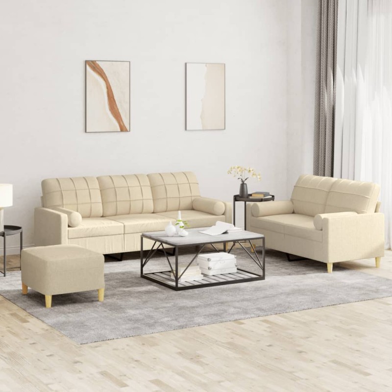 vidaXL 3-tlg. Sofagarnitur mit Kissen Creme Stoff vidaXL 3-tlg. Sofagarnitur mit Kissen Creme Stoff