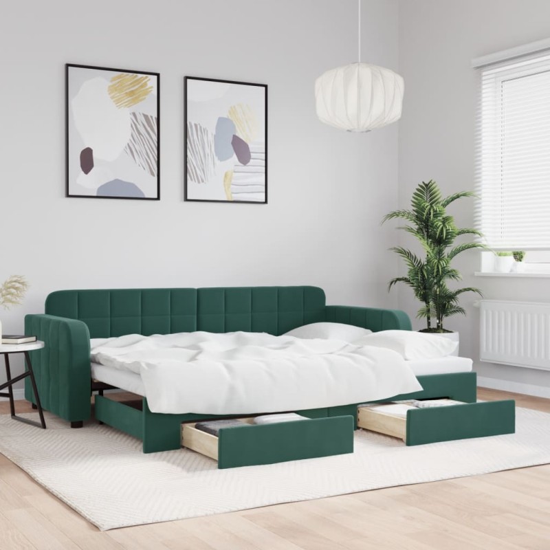 vidaXL Tagesbett Ausziehbar mit Schubladen Dunkelgrün 80x200 cm Samt vidaXL Tagesbett Ausziehbar mit Schubladen Dunkelgrün 80x200 cm Samt