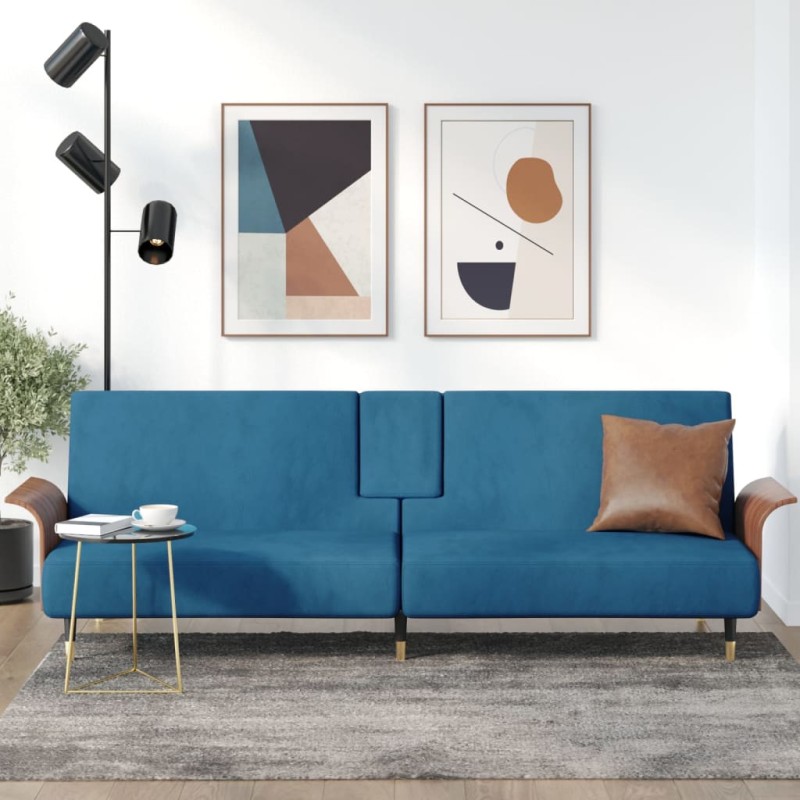 vidaXL Schlafsofa mit Getränkehaltern Blau Samt vidaXL Schlafsofa mit Getränkehaltern Blau Samt