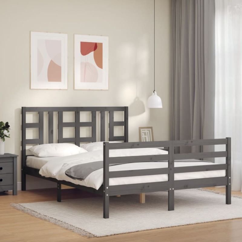 vidaXL Massivholzbett mit Kopfteil Grau 160x200 cm vidaXL Massivholzbett mit Kopfteil Grau 160x200 cm